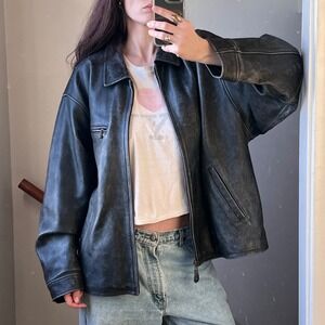 Vintage 90s Eddie Bauer Leather Bomber Jacket Black Distressed Oversized Zip